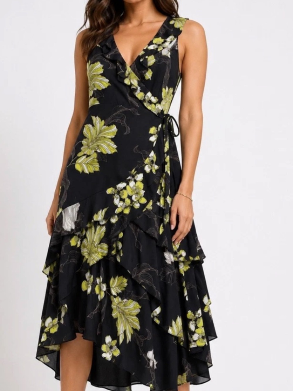 Joseph Ribkoff Black Midi Dress with Lime and White Floral Print